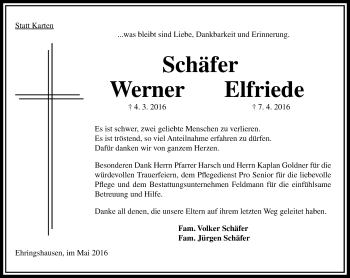 Traueranzeige von Werner  Schäfer von VRM Trauer