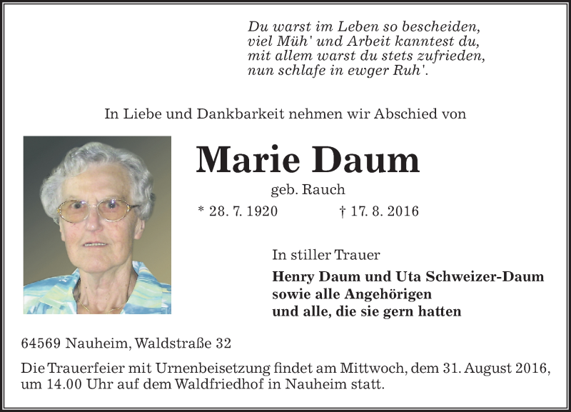  Traueranzeige für Marie Daum vom 27.08.2016 aus Trauerportal Echo Online