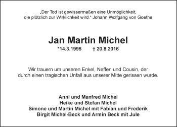 Traueranzeige von Jan Martin Michel von Trauerportal Rhein Main Presse