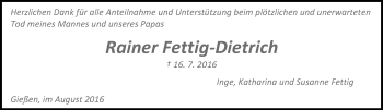 Traueranzeige von Rainer Fettig-Dietrich von  Gießener Anzeiger