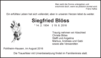 Traueranzeige von Siegfried Blöss von  Gießener Anzeiger