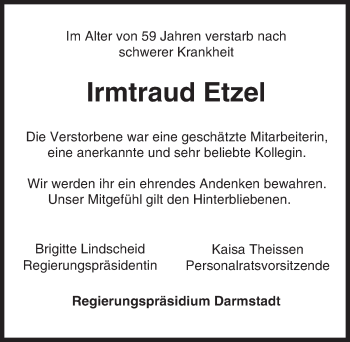 Traueranzeige von Irmtraud Etzel von Trauerportal Echo Online