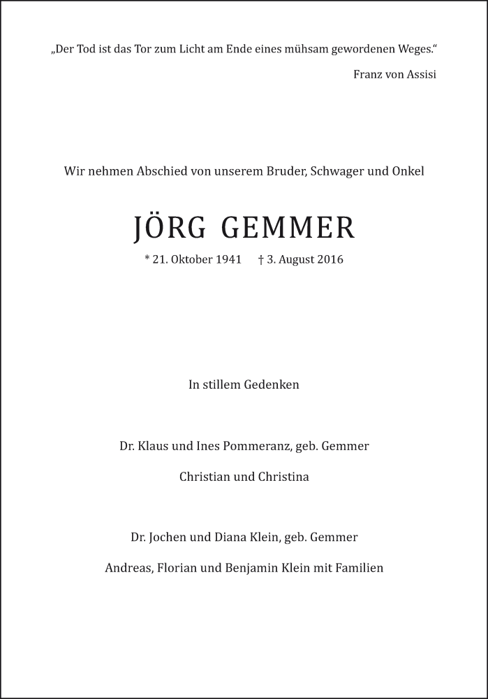  Traueranzeige für Jörg Gemmer vom 09.08.2016 aus Darmstädter Echo