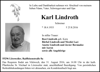 Traueranzeige von Karl Lindroth von Trauerportal Rhein Main Presse
