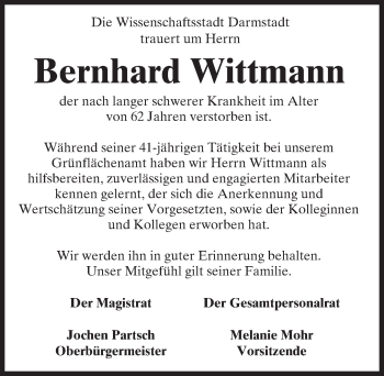 Traueranzeige von Bernhard Wittmann von Trauerportal Echo Online