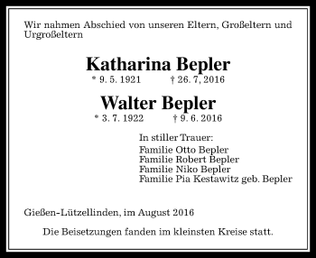Traueranzeige von Katharina und Walter Bepler von  Gießener Anzeiger