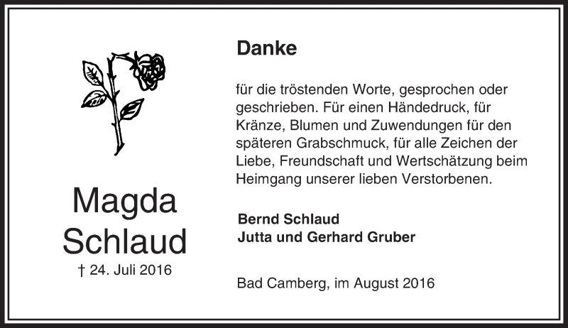  Traueranzeige für Magda Schlaud vom 11.08.2016 aus  Camberger Anzeiger