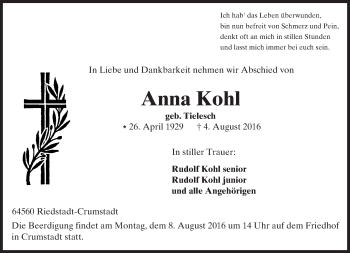 Traueranzeige von Anna Kohl von Trauerportal Echo Online