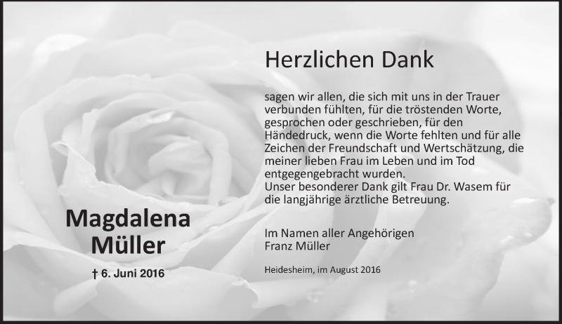  Traueranzeige für Magdalena Müller vom 06.08.2016 aus Trauerportal Rhein Main Presse