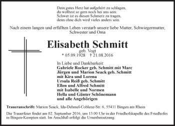 Traueranzeige von Elisabeth Schmitt von Trauerportal Rhein Main Presse