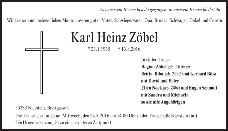  Traueranzeige für Karl Heinz Zöbel vom 20.08.2016 aus Trauerportal Rhein Main Presse