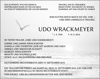 Traueranzeige von Udo Wrackmeyer von  Gießener Anzeiger