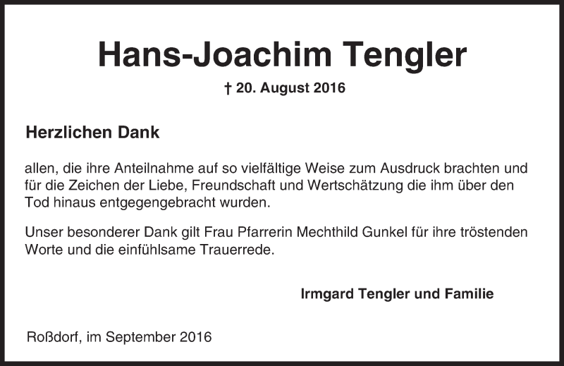 Traueranzeige für Hans-Joachim Tengler vom 24.09.2016 aus Trauerportal Echo Online