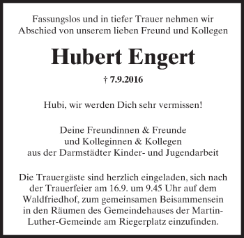 Traueranzeige von Hubert Engert von Trauerportal Echo Online