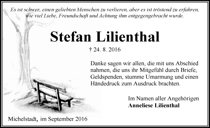  Traueranzeige für Stefan Lilienthal vom 24.09.2016 aus Trauerportal Echo Online