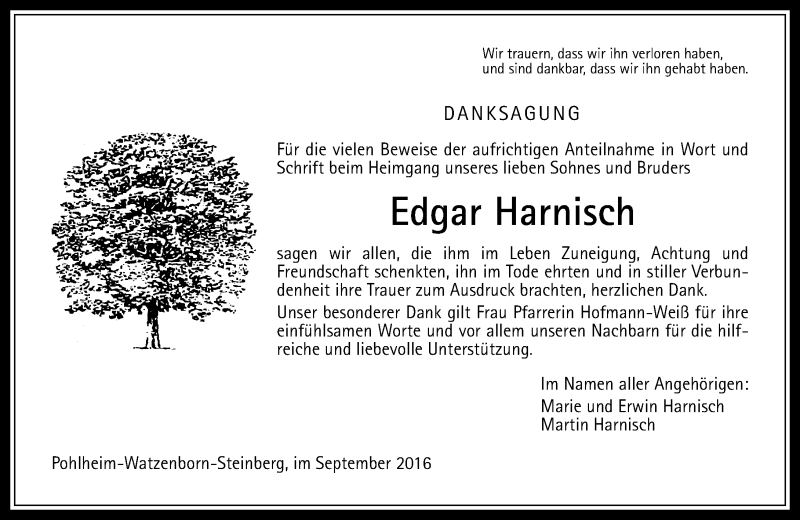  Traueranzeige für Edgar Harnisch vom 17.09.2016 aus  Gießener Anzeiger