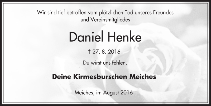  Traueranzeige für Daniel Henke vom 02.09.2016 aus  Lauterbacher Anzeiger