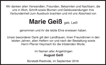 Traueranzeige von Marie Geiß von Trauerportal Rhein Main Presse