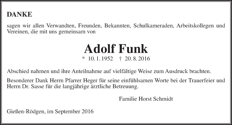  Traueranzeige für Adolf Funk vom 10.09.2016 aus  Gießener Anzeiger