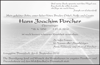 Traueranzeige von Hans Joachim Porcher von  Gießener Anzeiger