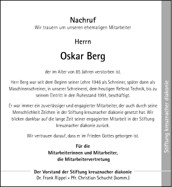 Traueranzeige von Oskar Berg von Trauerportal Rhein Main Presse