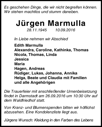 Traueranzeige von Jürgen Marmulla von Trauerportal Echo Online