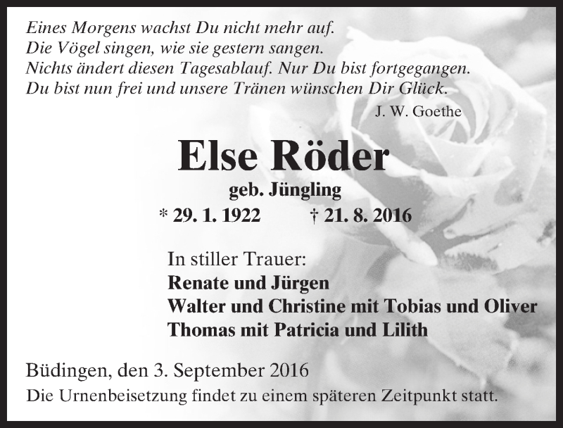  Traueranzeige für Else Röder vom 03.09.2016 aus  Kreisanzeiger