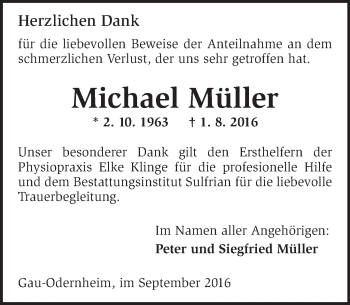 Traueranzeige von Michael Müller von Trauerportal Rhein Main Presse