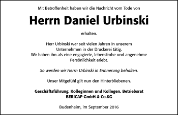 Traueranzeige von Daniel Urbinski von Trauerportal Rhein Main Presse