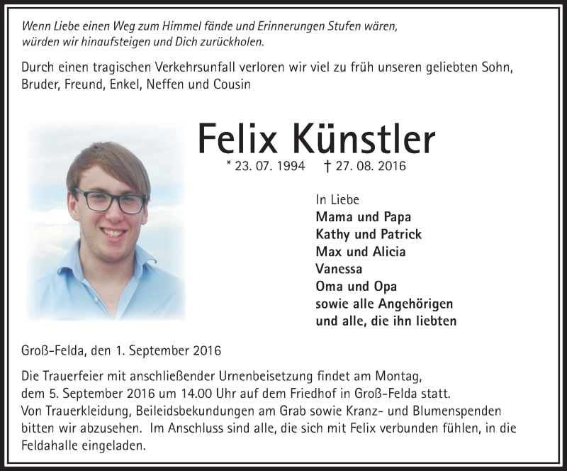  Traueranzeige für Felix Künstler vom 01.09.2016 aus VRM Trauer