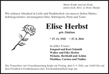 Traueranzeige von Elise Herbst von  Gelnhäuser Tageblatt