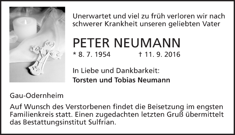  Traueranzeige für Peter Neumann vom 17.09.2016 aus Trauerportal Rhein Main Presse