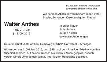 Traueranzeige von Walter Anthes von Trauerportal Echo Online