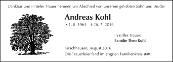 Traueranzeige von Andreas Kohl von Trauerportal Echo Online
