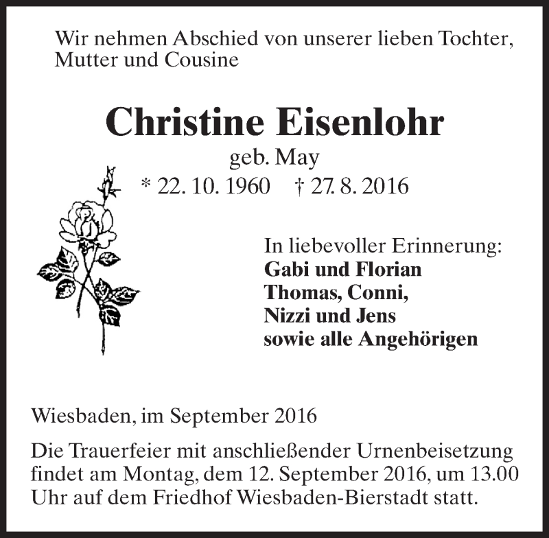  Traueranzeige für Christine Eisenlohr vom 03.09.2016 aus Trauerportal Rhein Main Presse