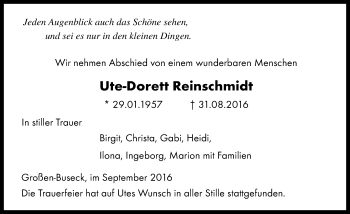 Traueranzeige von Ute-Dorett Reinschmidt von  Gießener Anzeiger