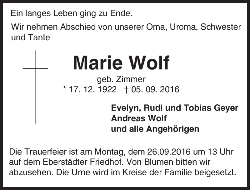  Traueranzeige für Marie Wolf vom 17.09.2016 aus Trauerportal Echo Online