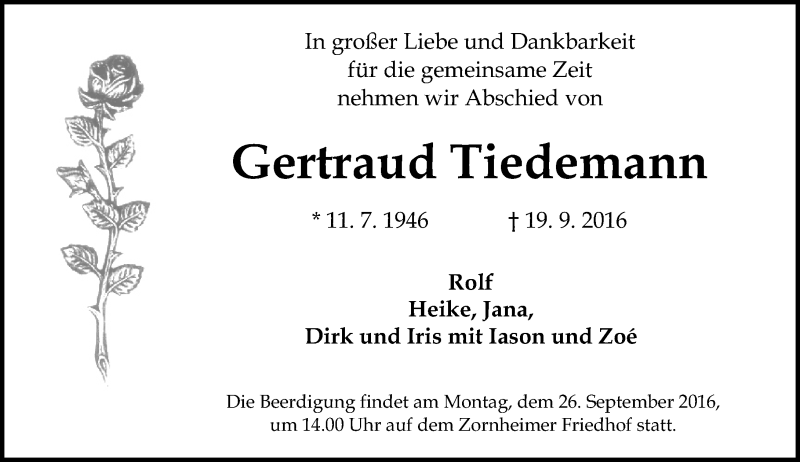  Traueranzeige für Gertraud Tiedemann vom 24.09.2016 aus Trauerportal Rhein Main Presse