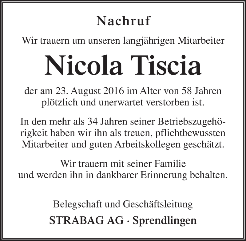  Traueranzeige für Nicola Tiscia vom 03.09.2016 aus Trauerportal Rhein Main Presse