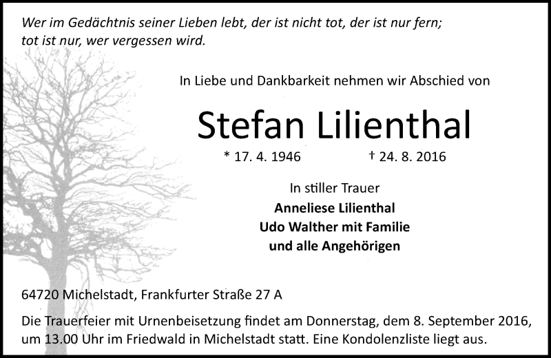  Traueranzeige für Stefan Lilienthal vom 03.09.2016 aus Trauerportal Echo Online