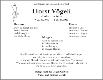 Traueranzeige von Horst Vögeli von Trauerportal Rhein Main Presse