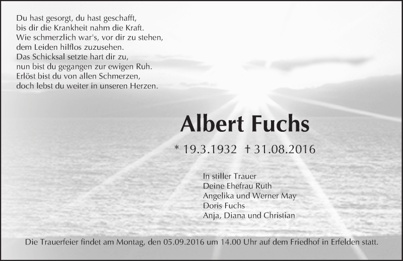  Traueranzeige für Albert Fuchs vom 03.09.2016 aus Trauerportal Echo Online