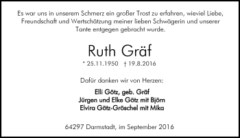 Traueranzeige von Ruth Gräf von Trauerportal Echo Online
