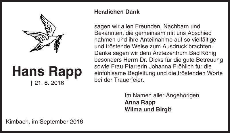  Traueranzeige für Hans Rapp vom 17.09.2016 aus Trauerportal Echo Online