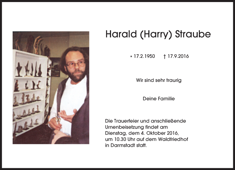  Traueranzeige für Harald Harry Straube vom 24.09.2016 aus Trauerportal Echo Online