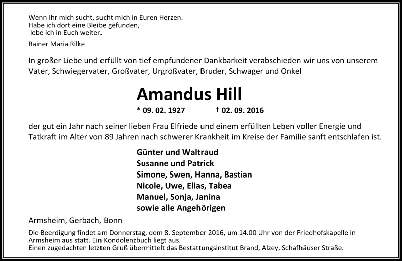  Traueranzeige für Amandus Hill vom 05.09.2016 aus Trauerportal Rhein Main Presse