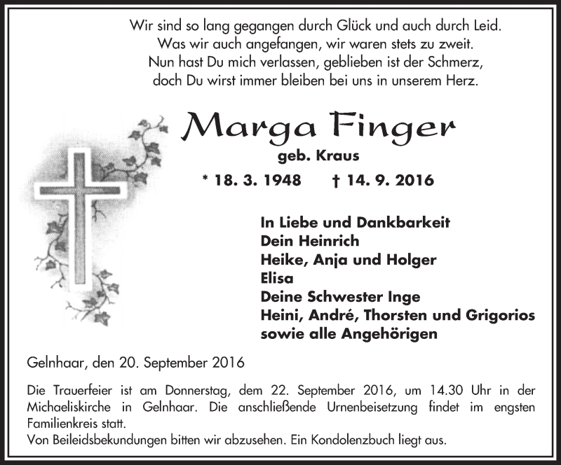  Traueranzeige für Marga Finger vom 20.09.2016 aus  Kreisanzeiger