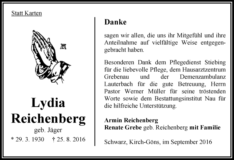  Traueranzeige für Lydia Reichenberg vom 24.09.2016 aus VRM Trauer