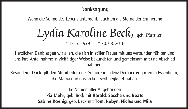  Traueranzeige für Lydia Karoline Beck vom 24.09.2016 aus Trauerportal Rhein Main Presse