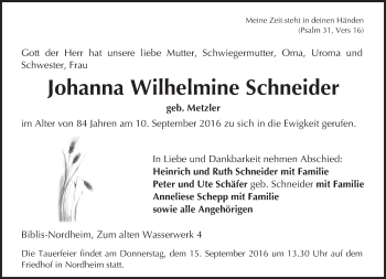 Traueranzeige von Johanna Wilhelmine Schneider von Trauerportal Rhein Main Presse